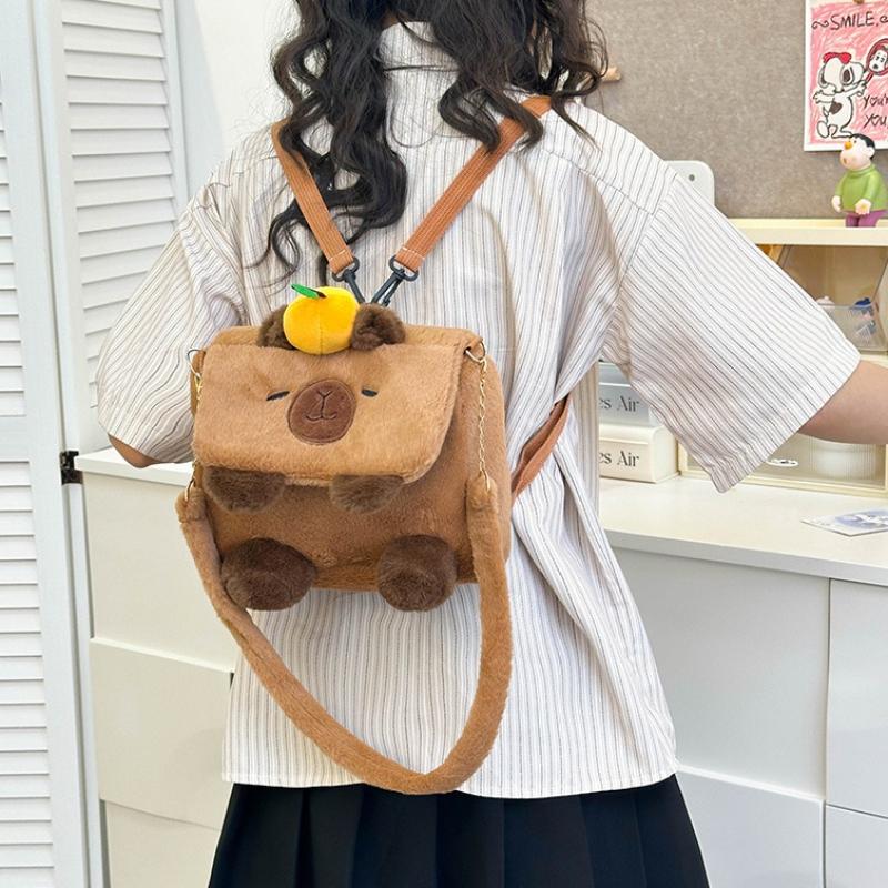 Cute Orange Capybara Plush Backpack Kawaii Large Capacity Capibara Crossbody Bag Lovely Fluffy Student Women Bag Birthday Gift