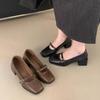 2025 New Retro Women's Pumps Soft Leather Square Head Belt Buckle Shallow Thick High Heeled Mary Jane Shoe Brown/Black
