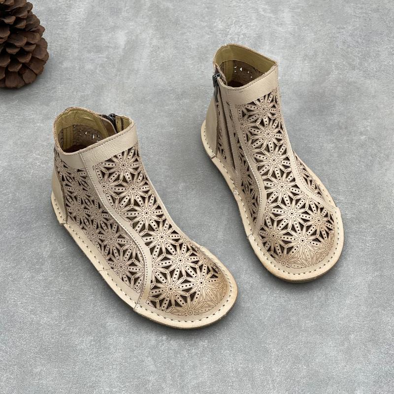 Johnature Stivali Estivi Artigianali Vintage in Vera Pelle Punta Tonda Piatta Traspiranti Traforati Scarpe da Donna