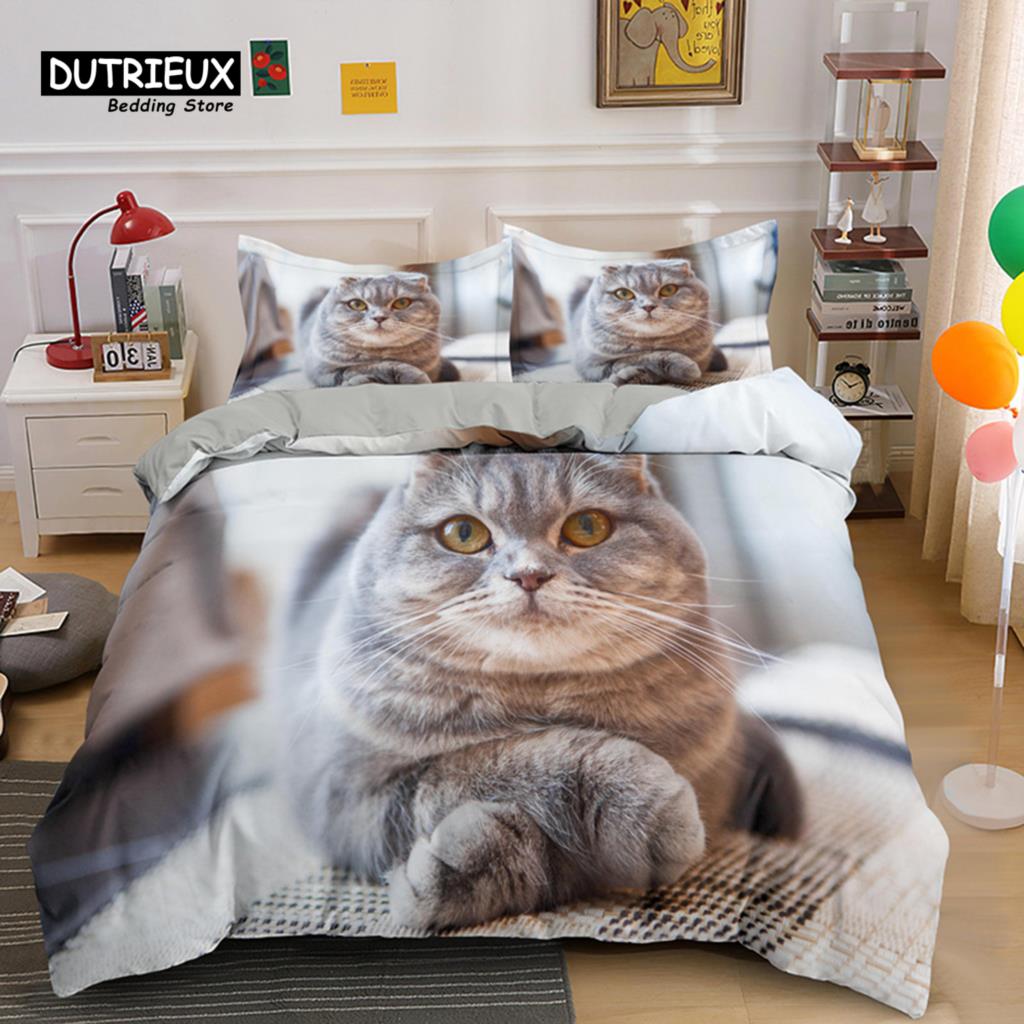 Colorful Cat Bedding Set For Kids Girls Boys 2/3pcs Cute Cat Duvet Cover Set King Microfiber Animal Comforter Cover Pillowcases
