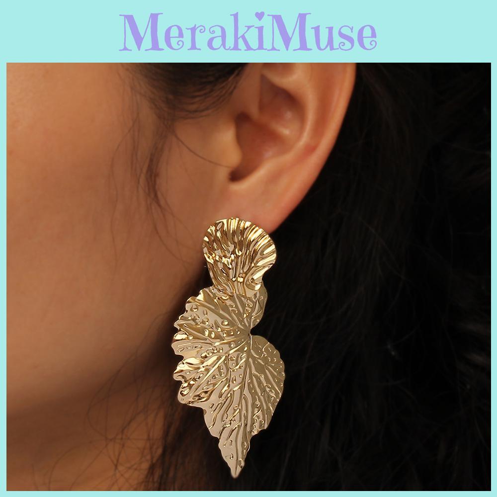 Metal Leaf Earrings With Gold Coating And Bold Design For Women