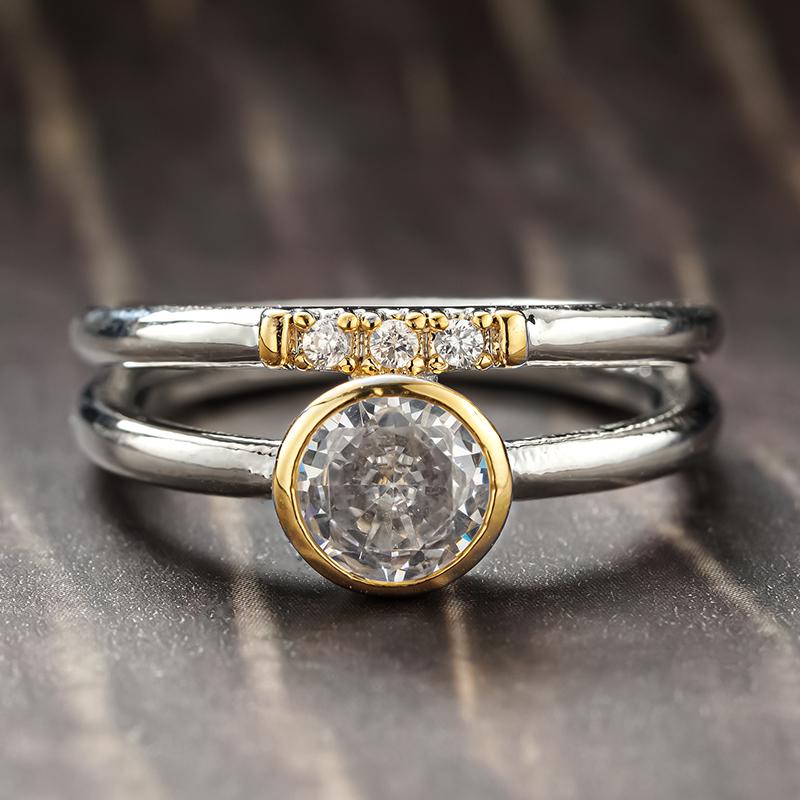 Huitan Vintage Women Two Tone Ring Inlaid Bright Round CZ Simple Style Party Daily Low-key Anti CopperColor Accessories Jewelry