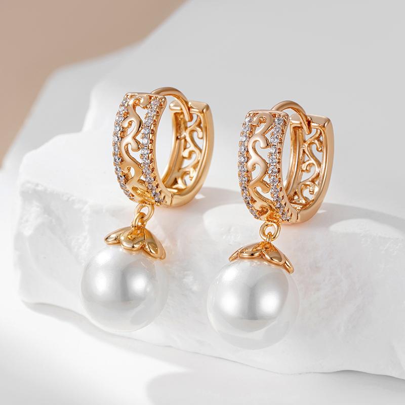 Luxury  Rose Gold Color Pearl Drop Earrings For Women Unique Hollow Pattern Natural Zircon Bridal Wedding Fine Jewelry