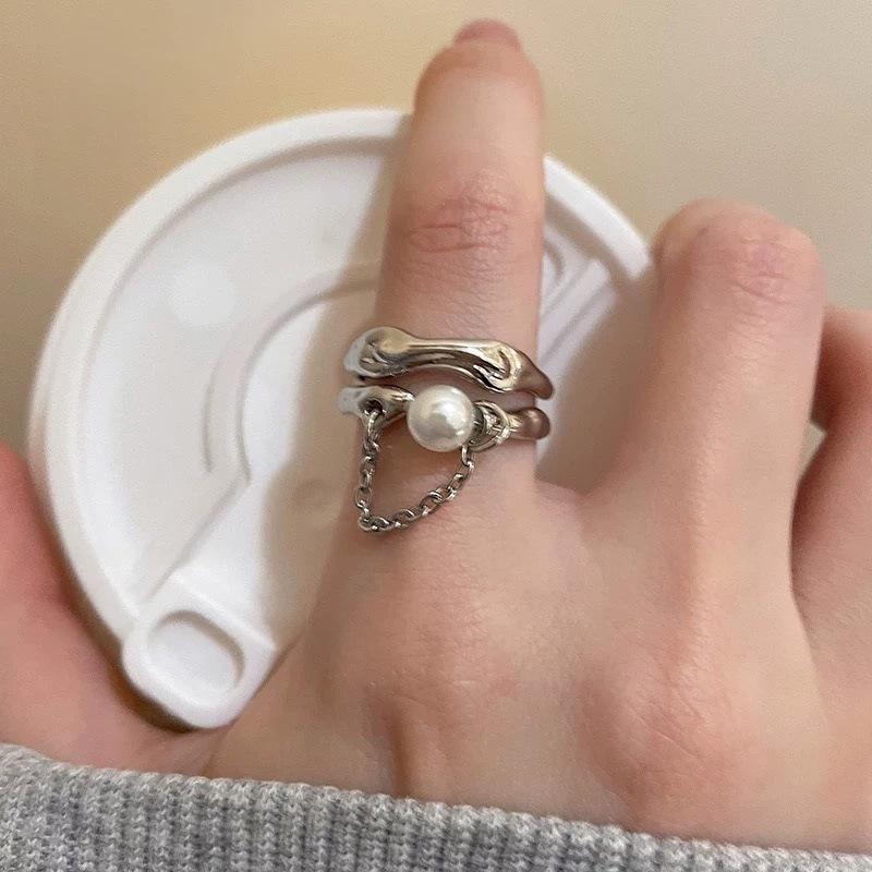 Double-Layer Pearl Chain Tassel Fashion Metal Ring for Women Exaggerated Gold Silver Color Geometric Finger Ring  Gifts