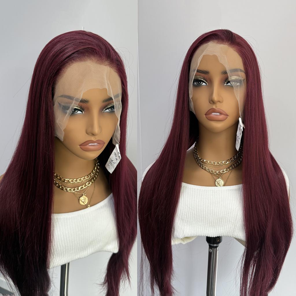 AIMEYA Burgundy Lace Front Wig Heat Resistant Synthetic Long Straight Wig for Black Women Natural Hairline Daily Used Cosplay