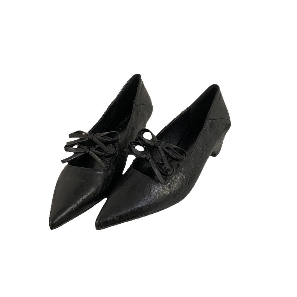 2025 Autumn New Pointed Head Shallow Mouth Low Heel Single Shoes Bow Lace Up Thick Heel Medium Heel Women's Shoes Versatile Small Leather Shoes