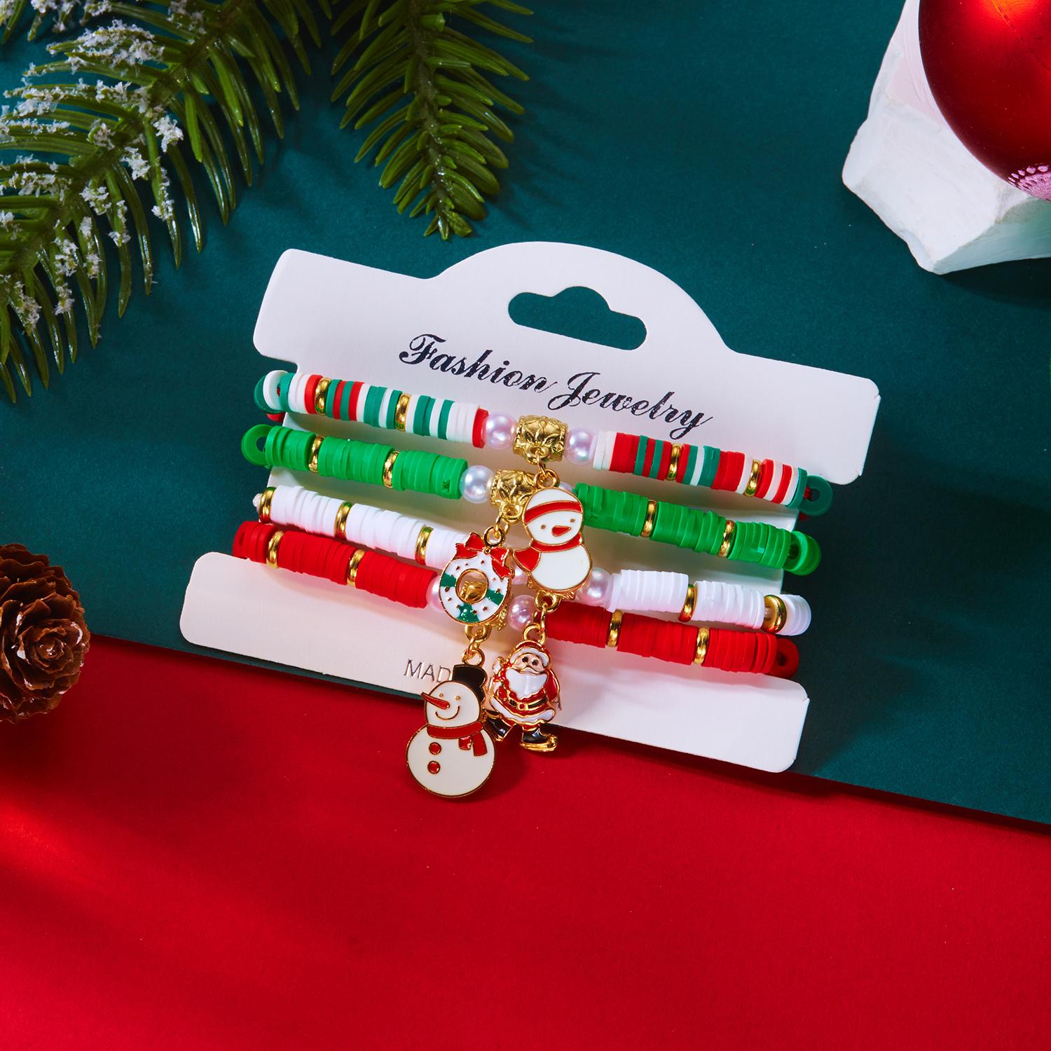 

4Pcs/set Christmas Stackable Beaded Bracelet For Women Colorful Crystal Pearl Santa Claus Snowman Tree Pendant Bracelets Jewelry