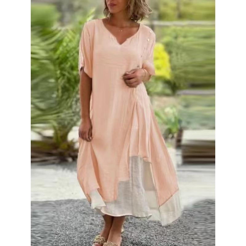 

Платье женское летнее нового стиля с коротким рукавом, имитация двойки S розовый