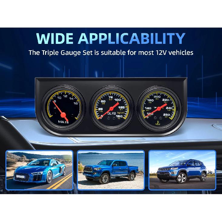 3-In-1 Vehicle Gauge Oil Pressure+ Volt Meter + Water Temp Guage °F PSI 8-16V Car Triple Gauge With Sensor For Car Truck SUV