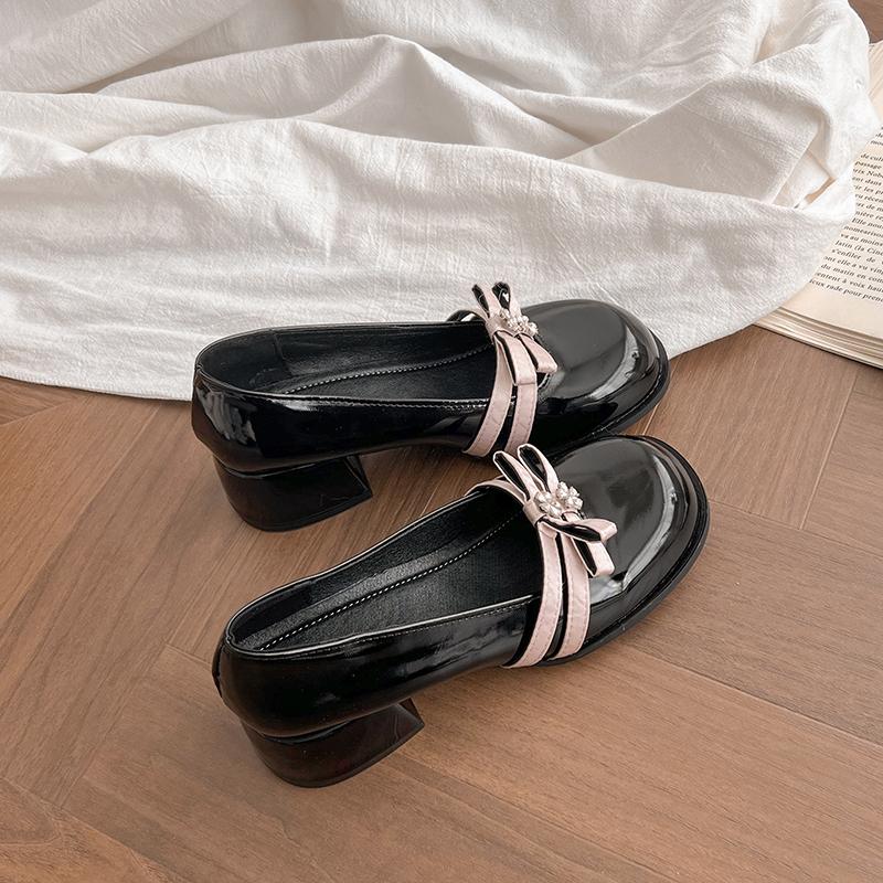 Block Heel Mary Jane Single Shoes Women's Round Toe Shallow Slip Rhinestone Bow Slip Anti-Slip Wear-Resistant High Heels
