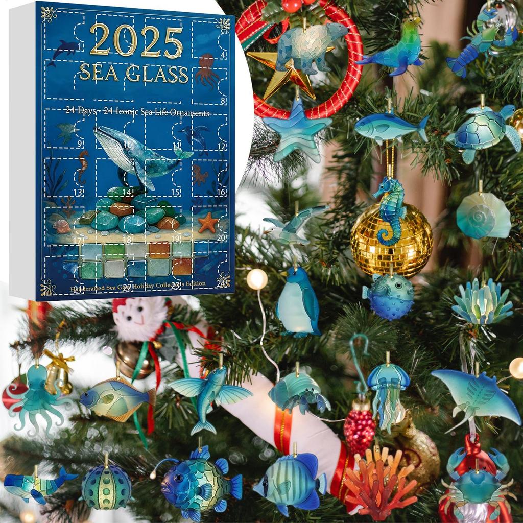Weihnachts-Adventskalender 2D Acryl Anhänger Meeresleben 24 Tage Countdown-Kalender Weihnachts-Seeglas-Ornament für Kindergeschenke