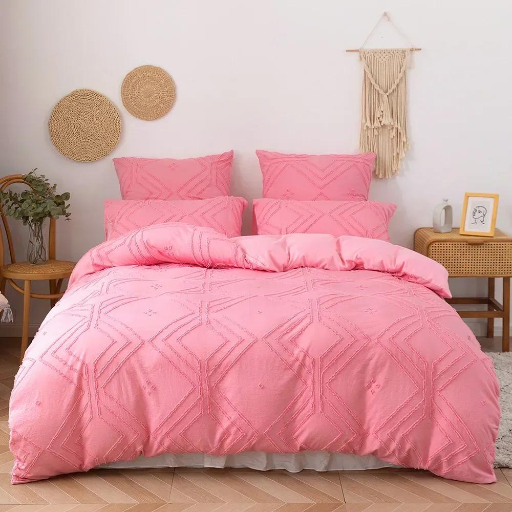 

3PCS/set Khaki Tufted Duvet Cover Set Line Comforter Cover Geometric Bed Set Lightweight Down Bedding Set for All Season Duvet&135x200cm рожевий