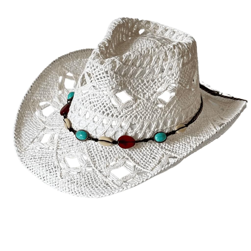 Hollow Straw Woven Western Cowboy Hat Women's Summer Sun Protection Visor Seaside Beach Hat Ethnic Wind Beaded Decorative Hat
