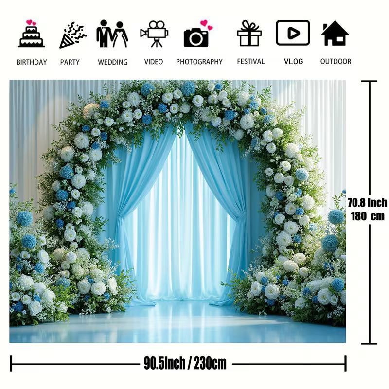 2D Light Blue Wedding Backdrop Floral Arch Ceremony Photography Background