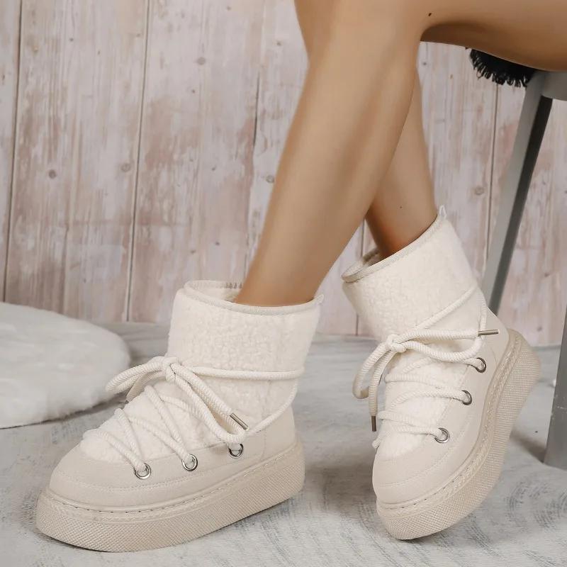 Women's Ankle Boots Winter Platform Snow Boots  Fur Flats Casual Shoes Designer Lace Up Plush Sneaker Non-Slip Botas Mujer
