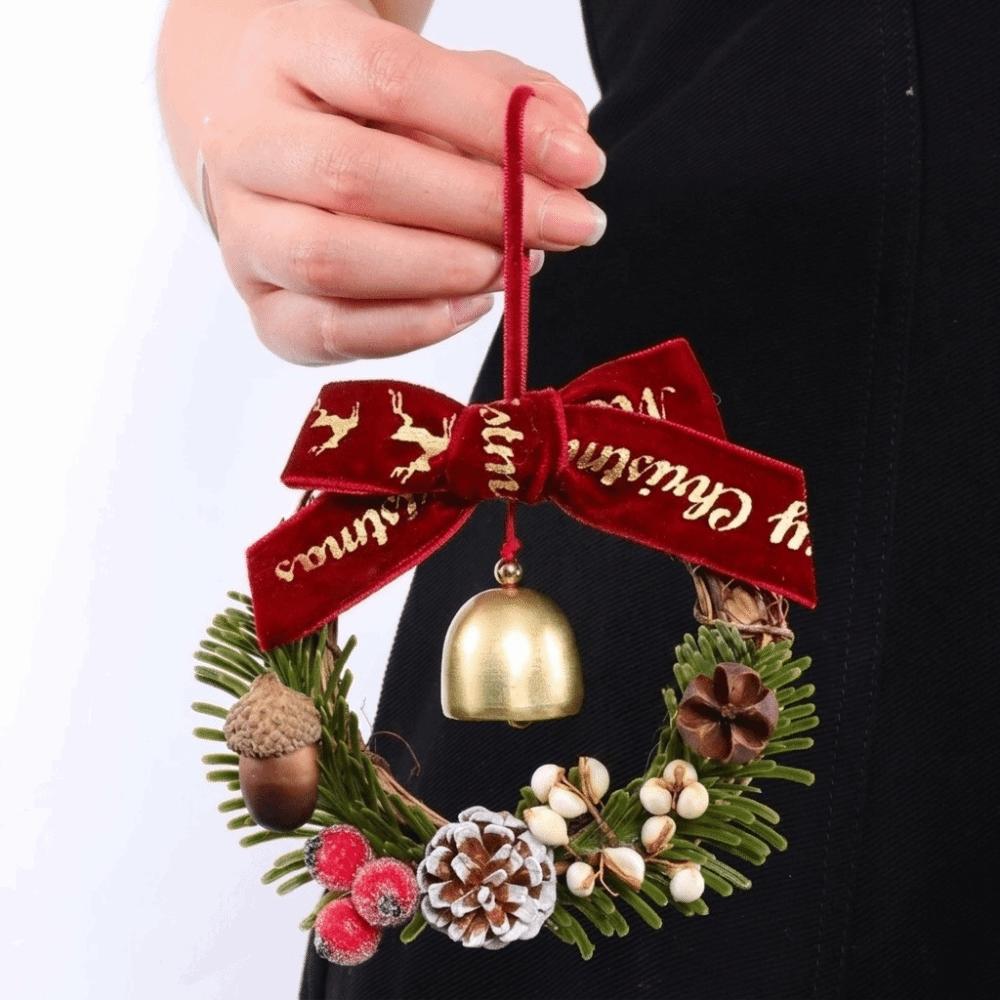 Velvet Bow Christmas Wreath Metal Bell Xmas Tree Hanging Ornaments Vintage Door Garland  Indoor