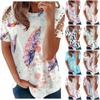Women's Fashion Casual Loose Round Neck Feather Print Short Sleeve T-Shirt Top