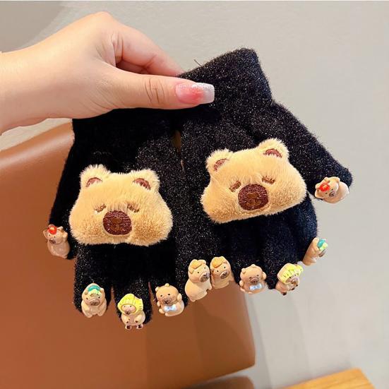 Winter Children Plush Capybara Gloves 3D Capybara Doll Gloves Soft Warm Five Finger Gloves for Cold Weather Outdoors