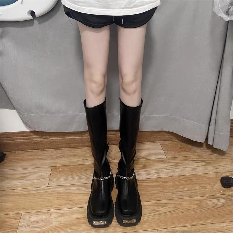 Fashion Metal Punk Style Women Thigh High Boots Fashion Back Zippers Ladies Platform Flats Knight Knee High Boot Winter Thick Sole Shoes