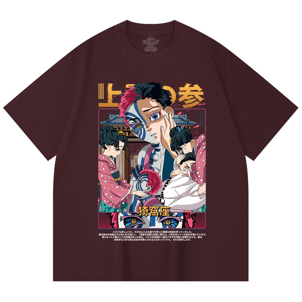 

230 Gsm 100% Cotton Demon Slayer V25 Akaza Print Unisex Heavy Cotton T Shirt 2XL вина червоного кольору