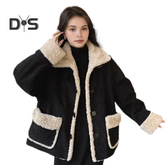 

Женская зимняя куртка из флиса в стиле ретро, контрастного цвета, утолщенная плюшевая верхняя одежда, высокий воротник, защищающий шею, ветрозащитное однобортное пальто с карманами M