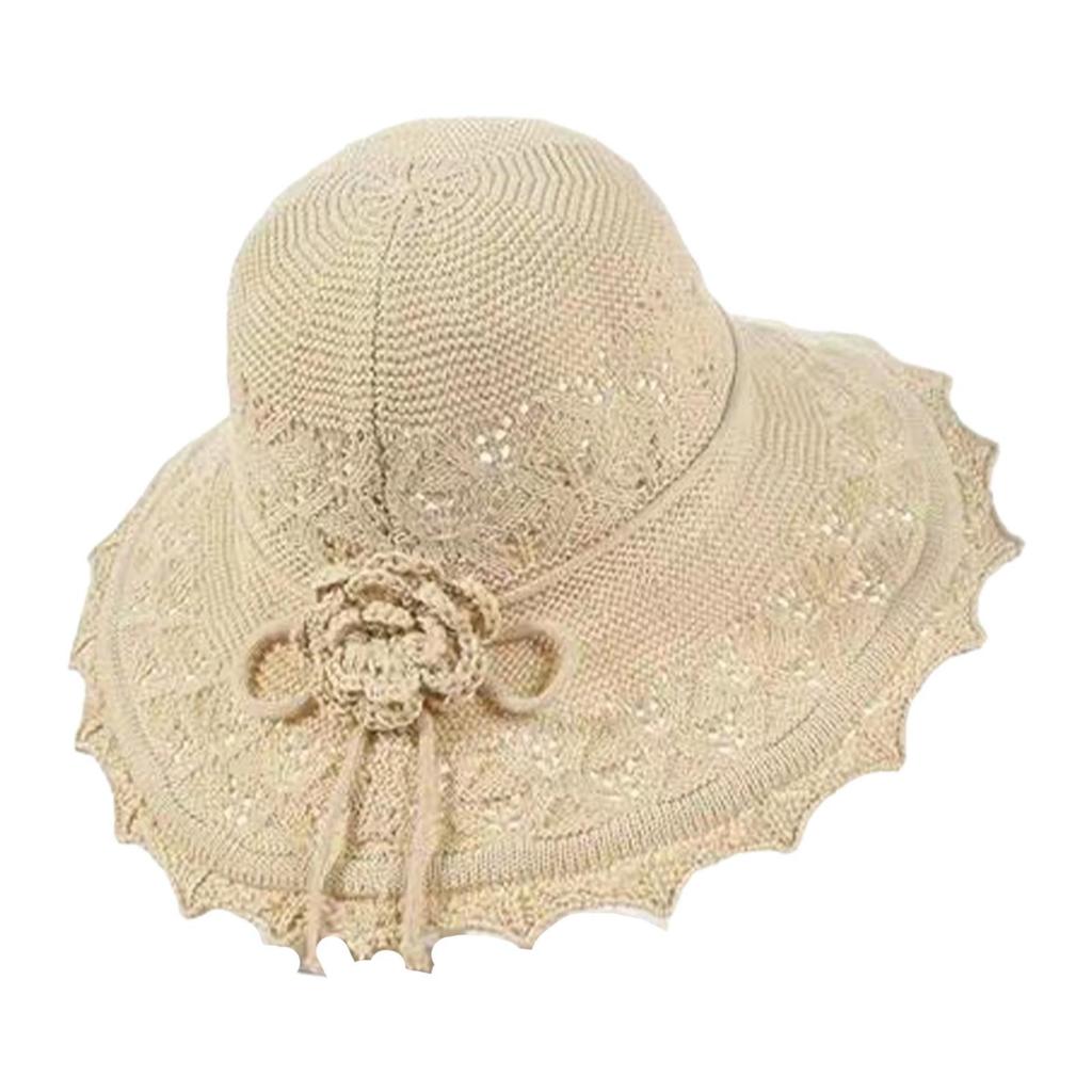 Sun Hat Large with Crocheted Flower Fashionable for Women Ladies Woven Beach Hat for Travel Seaside Holiday Vacation Outdoor