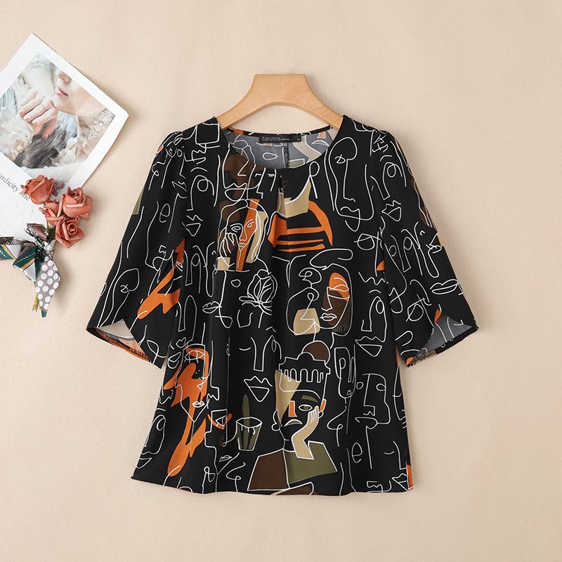 ZANZEA Bluză casual de damă cu gât rotund, mânecă scurtă, largă, cu imprimeu