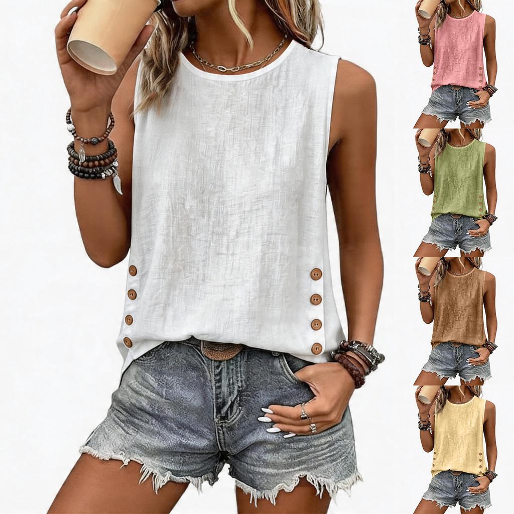 Women's Casual Linen Sleeveless Tank Top, Round Neck Loose Fit Blouse With Side Buttons, Summer Textured Camisole
