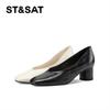 St&Sat/Saturday Shallow Spring Single Shoes with Mid Heel and One Step Style Women's Shoes with Square Head and Thick Heel, Mary Jane
