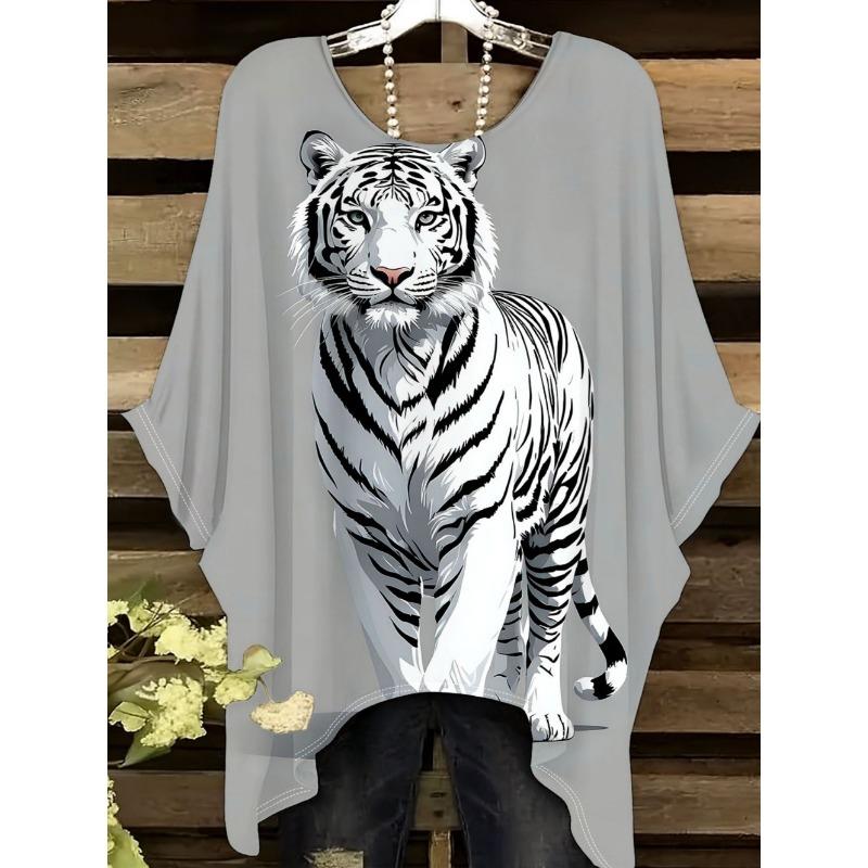 Camiseta de Mujer Moda Leopardo Impresión 3D Tops Verano Sexy Cuello Redondo Manga Corta Camiseta Calle Casual Holgada Ropa de Mujer