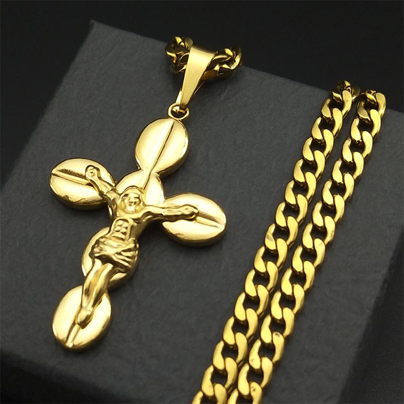 Catholic Jesus Cross Crucifix Pendant Necklace for Women Men Stainless Steel Gold Color Christ Amulet Chain Jewelry Party Gift