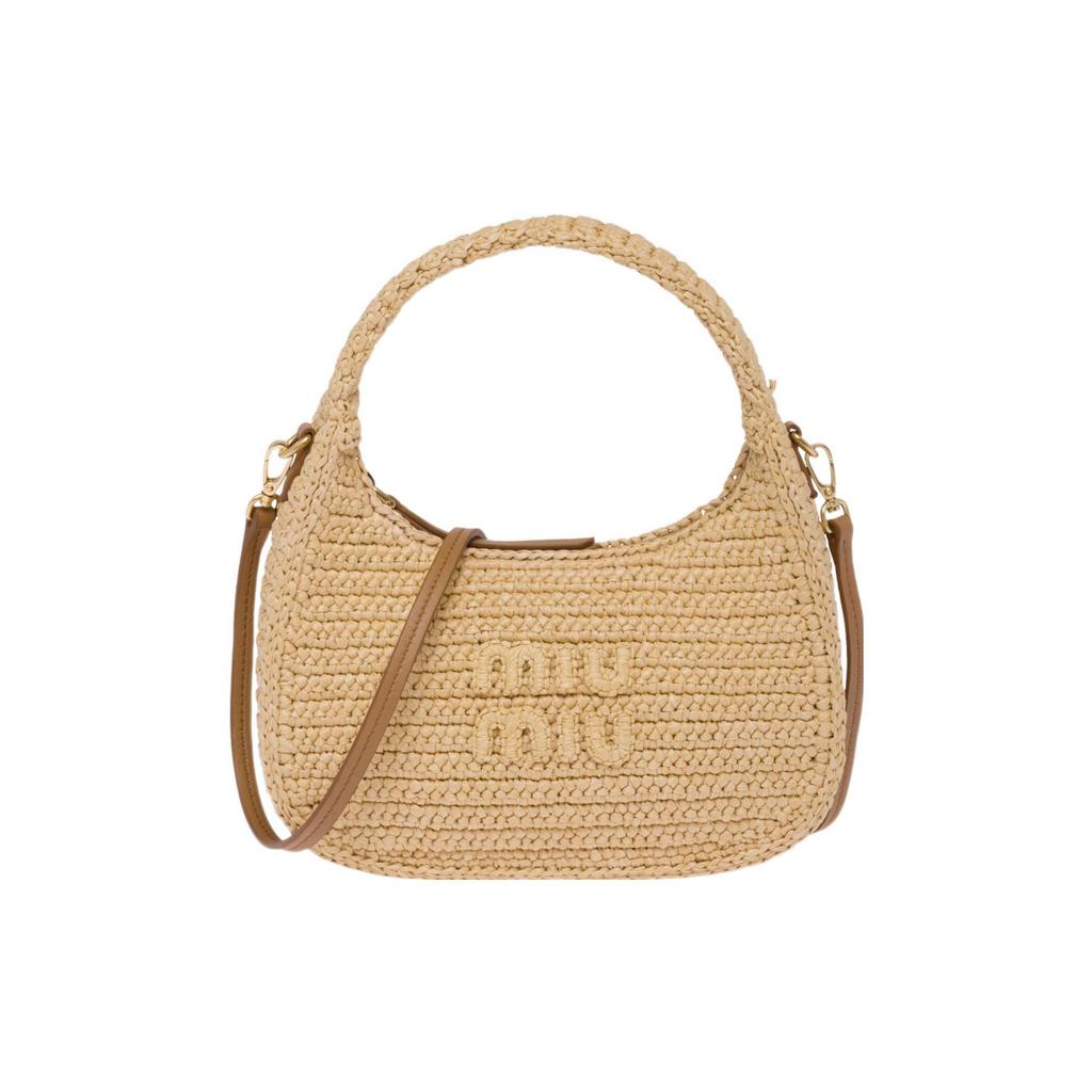 Miu Miu Wander Series Fashion Simple Embroidered Logo Zipper Closure Crochet Woven Fabric Hobo Bag Women bags Beige 5BC125_2F73_F0018_V_OOO