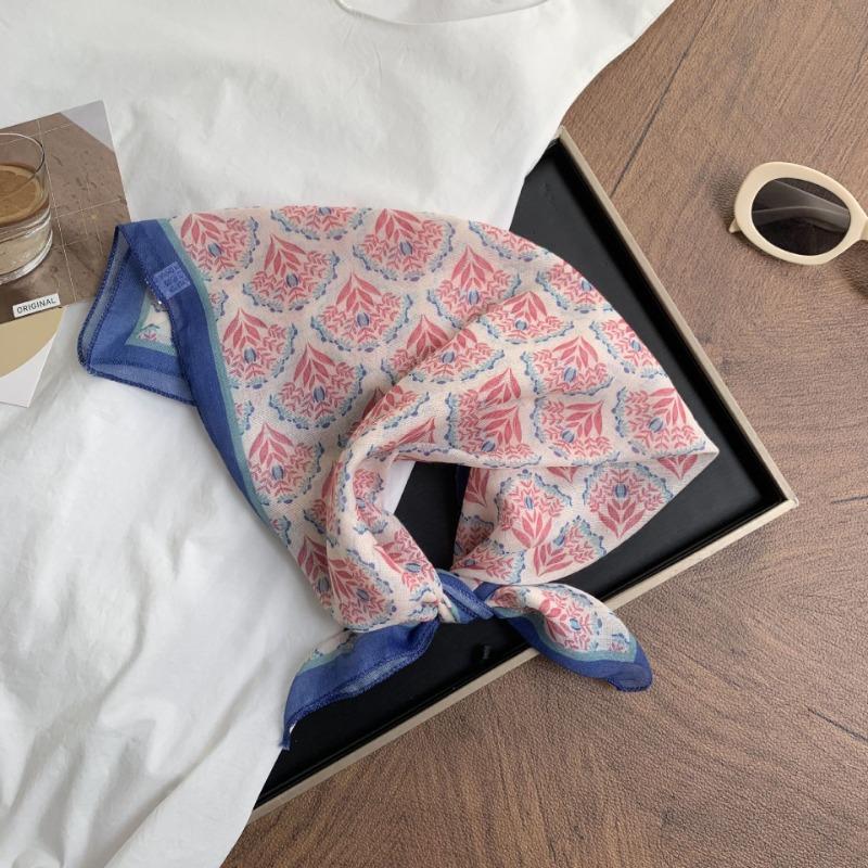 Floral Headscarf Summer Women's Pastoral New Literary and Versatile Small Scarf 58 Cotton and Linen Small Square Scarf Silk Scarf Women's Headband