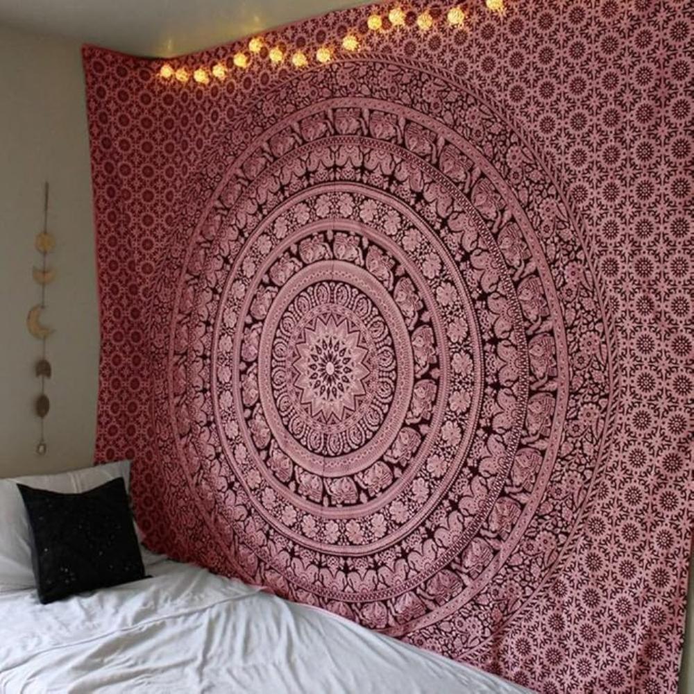 BLESS INTERNATIONAL Handmade Indian Hippie Bohemian Psychedelic Elephant Mandala Wall Hanging Bedding Tapestry (Maroon and Silver)