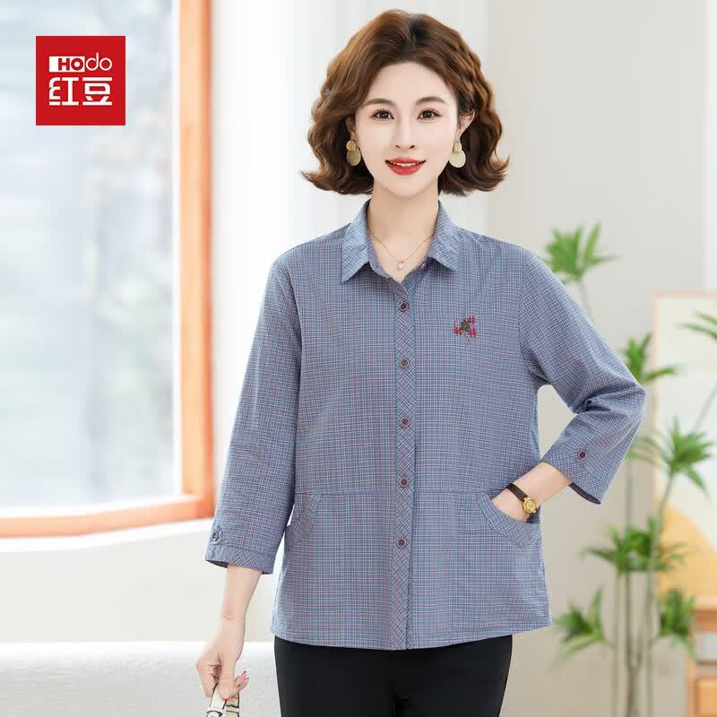 Hodo Mid-Aged Women s Plaid 3/4 Sleeve Cotton Shirt 3XL