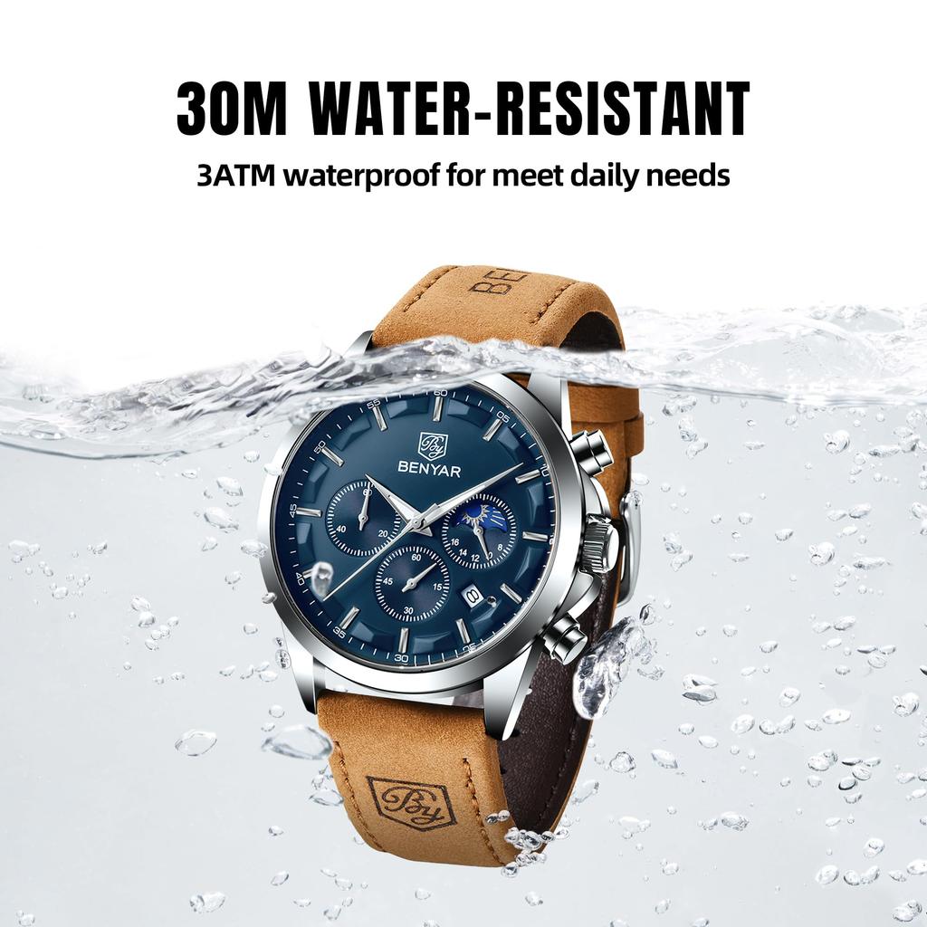 BENYAR Chronograph Watch with Leather and for Business and Formal Wear Men's Multi-Calendar Strap, Water-Resistant Scratch-Resistant Brown-Blue Dial,