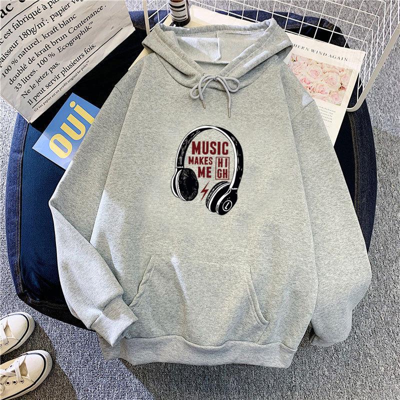Ladies Spring Autumn Casual Sports Hooded Long Sleeve Big Pocket Headset Printed Pullover Hoodies Sweatshirt Top