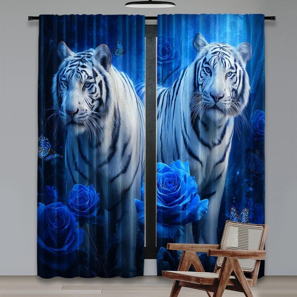 Flat Printing Window Drapes Mystic Tigers Roses Digital Printed Polyester Birthday Party Use Event Curtain Set Of 2 Made Washable