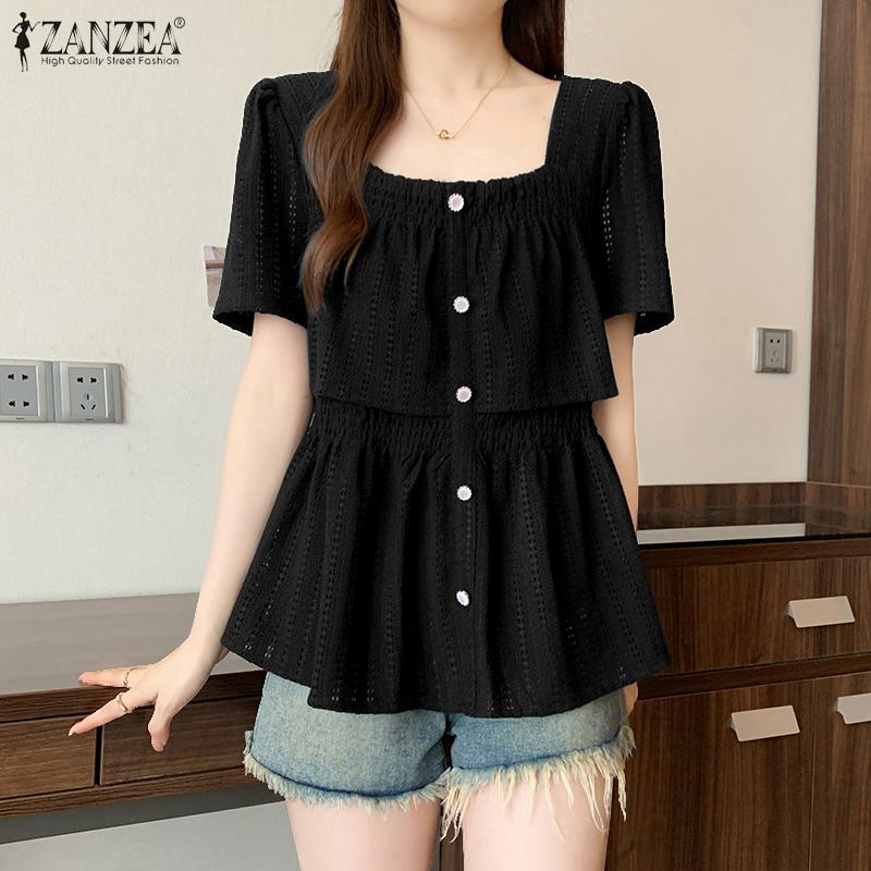 ZANZEA Women Square Collar Short Sleeve Layers Ruffled Hollow Casual Blouse