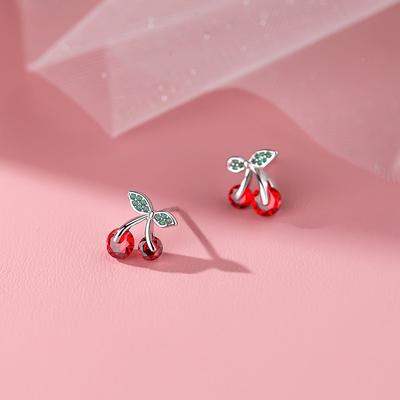 Boucles d'oreilles cerise pour femmes, Douces, Niche de luxe léger haut de gamme Zircon Polyvalentes Petites Fraîches Accessoires de boucles d'oreilles