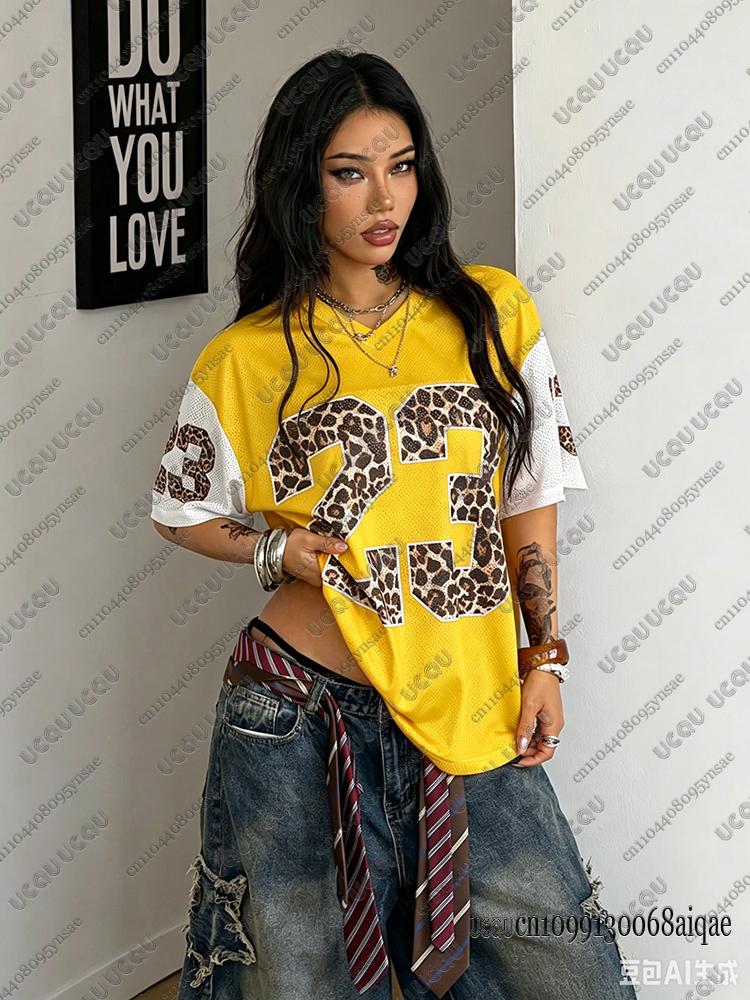 Summer New Leopard No.23 Print T-Shirt For Women V-Neck Short Sleeve Mesh Sports Football Jersey Y2K Loose Oversized Tops