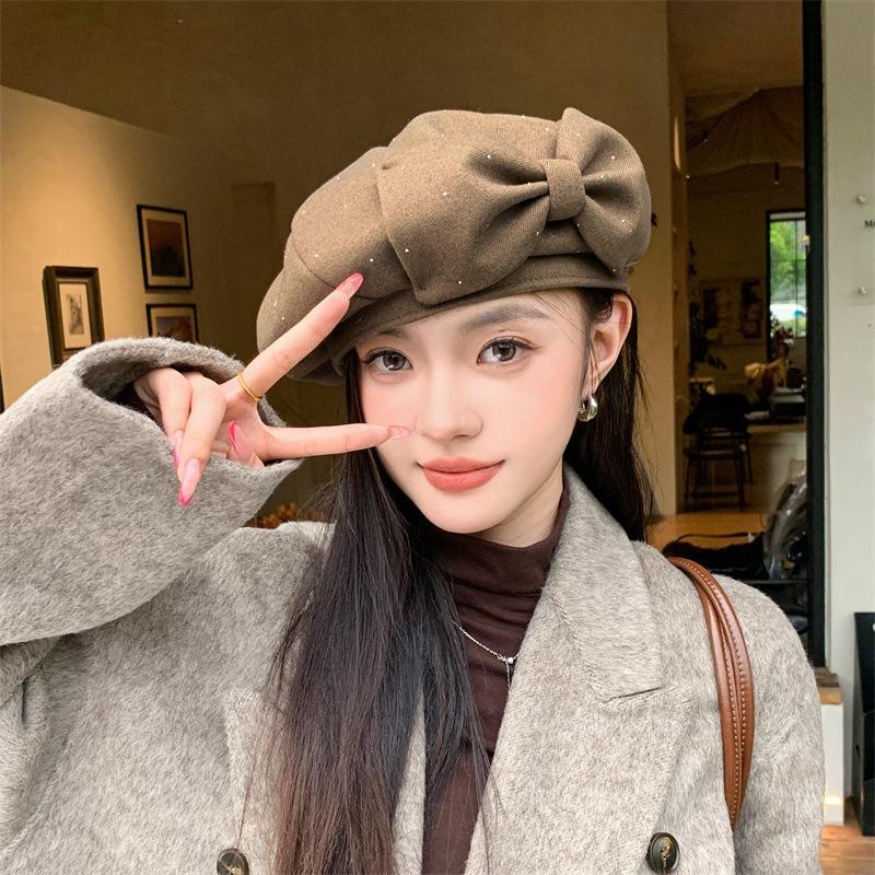 Women S Autumn Winter Rhinestone Beret Newsboy Hat Face Slimming Vintage Literary Cap