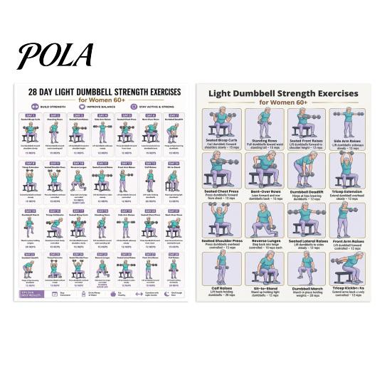 Posilování s jednoručkami pro slabé svaly 2 ks 28 dní Lehký posilovací cvičení Plakát Ženy 60+, Domácí průvodce Posilovna Fitness Tréninkový průvodce, Celotělová tabulka na stěnu