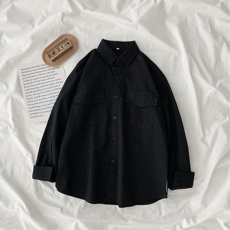 

Белая рубашка-куртка с длинным рукавом в корейском стиле для пар - Универсальный кардиган для весны и осени XXL (70-80kg) чёрный