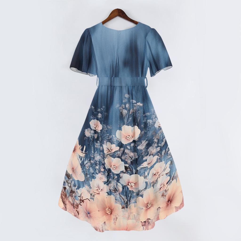 Women’s Short Sleeve V Neck Floral Print Midi Dress with High Waist and Flared Hem for Casual or Daily Wear