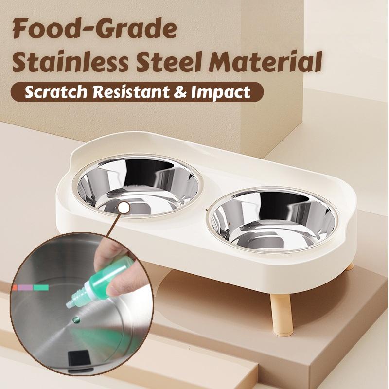 Elevated Cat Double Bowls Set: Height Leg for Neck Health & Whisker Relief - Stainless Steel Anti-Spill Dish with Non-Skid Base