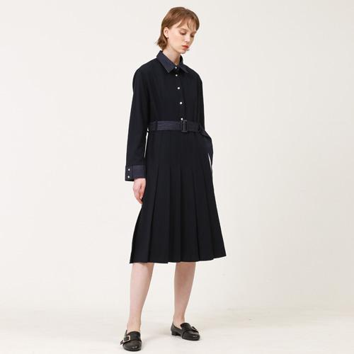 Bunderghost Denim Color Block Pleated Long Dress Navy