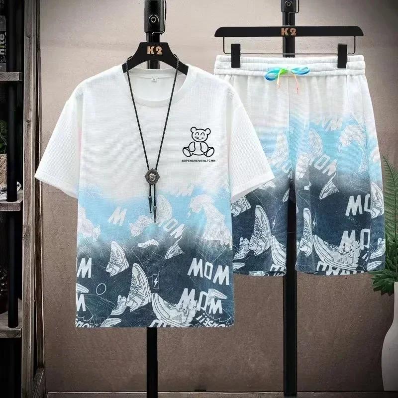 Casual T Shirt for Men Set Gradient Short Sleeve T-shirt Set Shorts Set Men's Summer Sport Gym Men Shirt Outfit Male Clothing