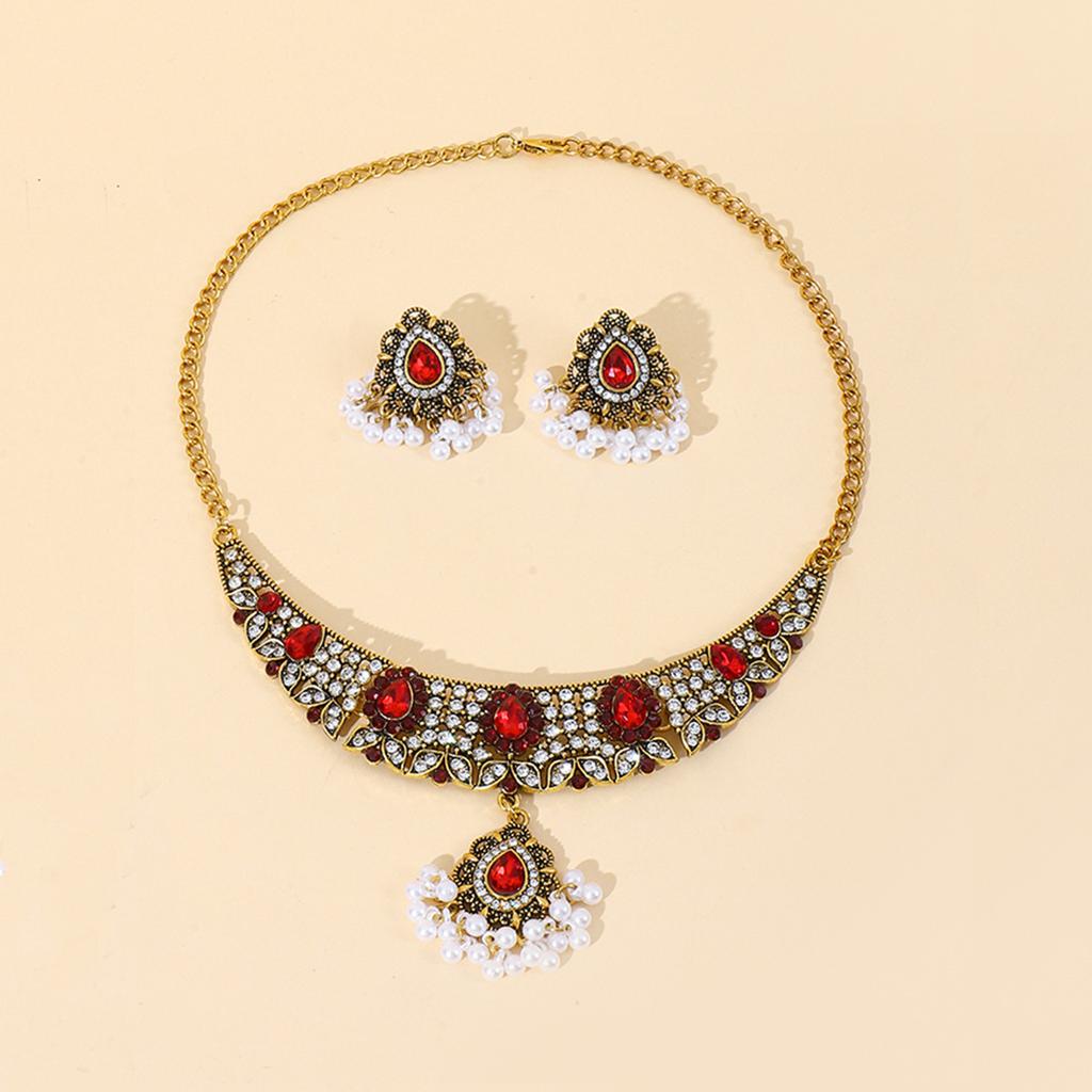 Indiase Strass Kwast Ketting en Oorbellen Set, 3-delige Etnische Mode Sieraden
