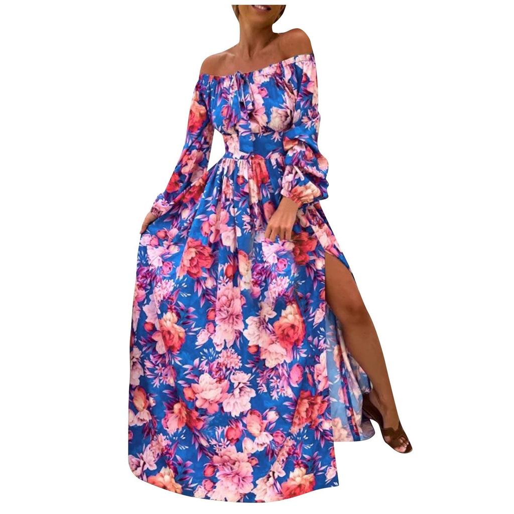 Women's Casual Sexy Flat Neck Pullover Long Sleeve Printed Slit Dress